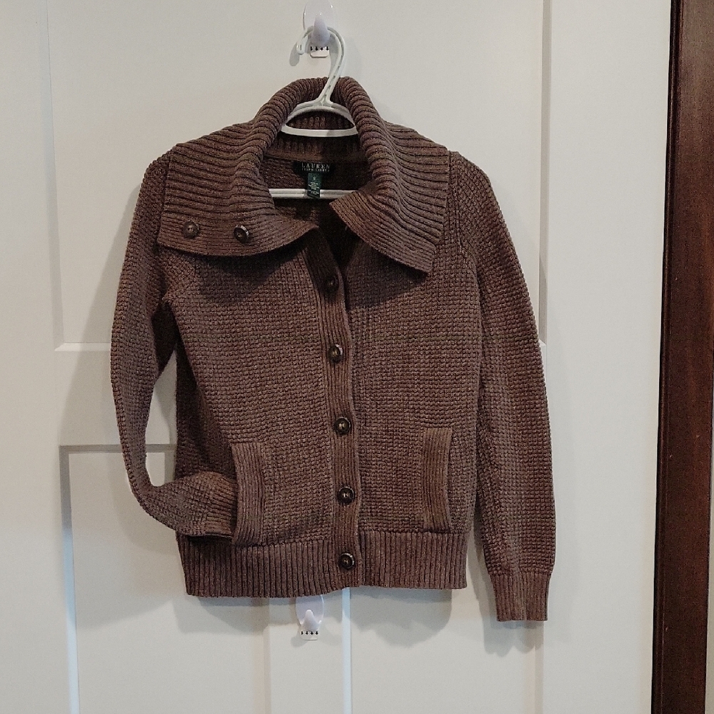 Lauren Ralph Lauren Brown Ribbed Shawl Collar Cardigan - Picture 6 of 6